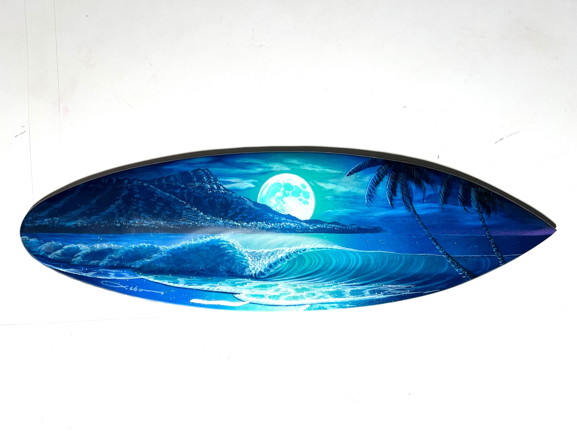 Moon Over Waikiki ” Original Painting on 24” inch mini Wooden Surfboard with Diamond Dust & Epoxy Finish