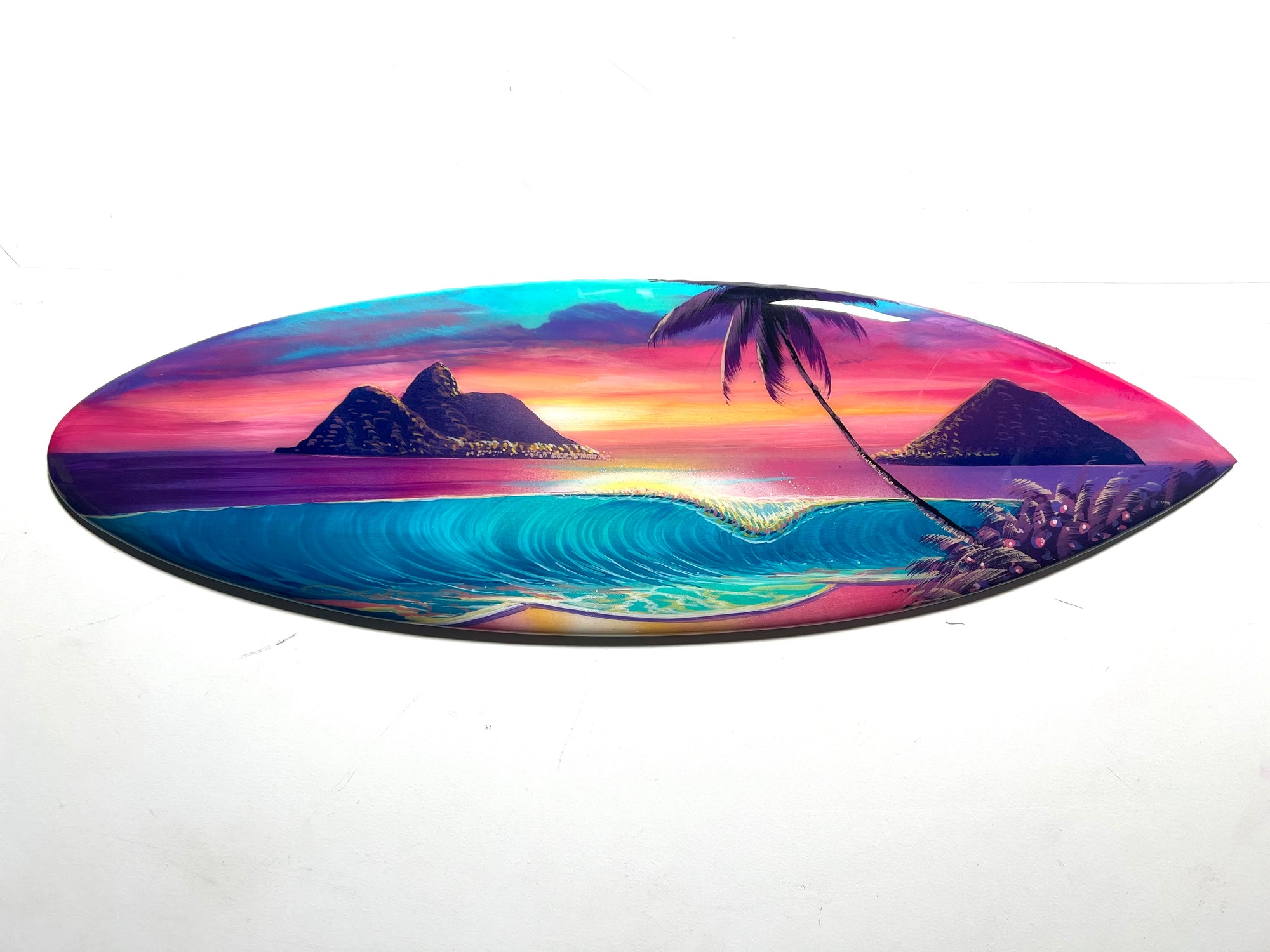 Good  Morning  Lani Kai” Original Painting on 24” inch mini Wooden Surfboard with Diamond Dust & Epoxy Finish