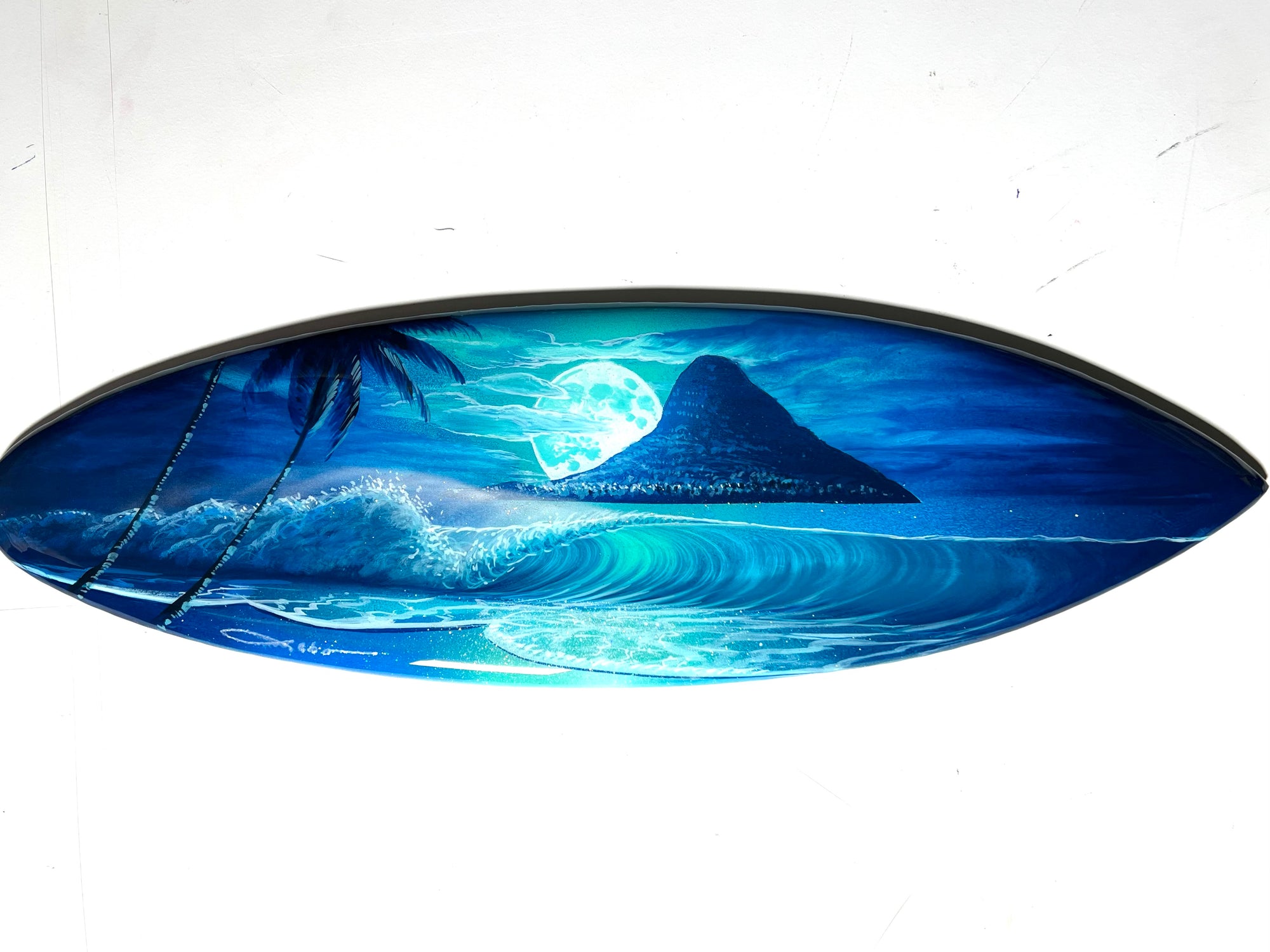 Moon Over Mokoli’i” Original Painting on 24” inch mini Wooden Surfboard with Diamond Dust & Epoxy Finish