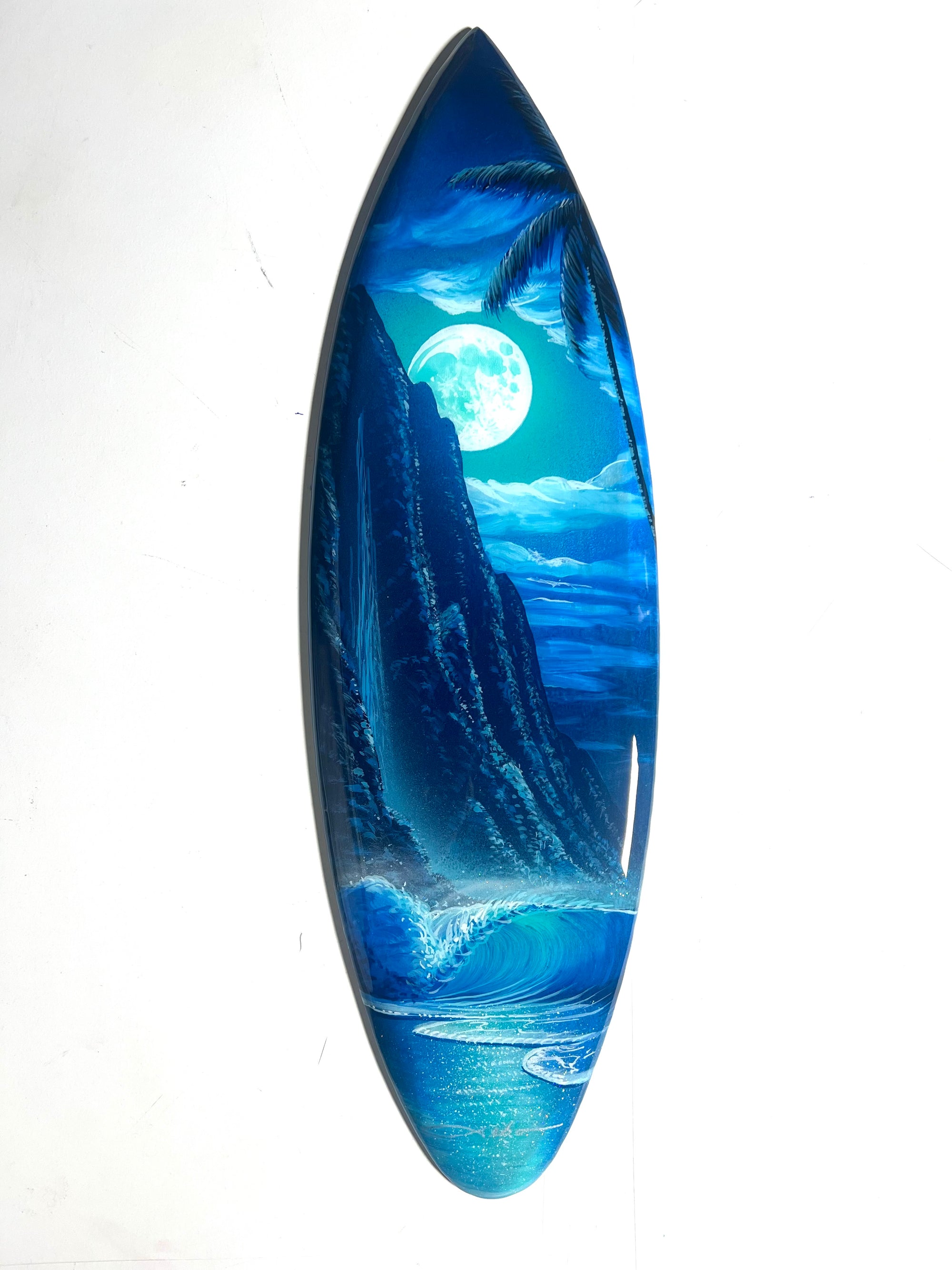 Seaside Moon ” Original Painting on 24” inch mini Wooden Surfboard with Diamond Dust & Epoxy Finish