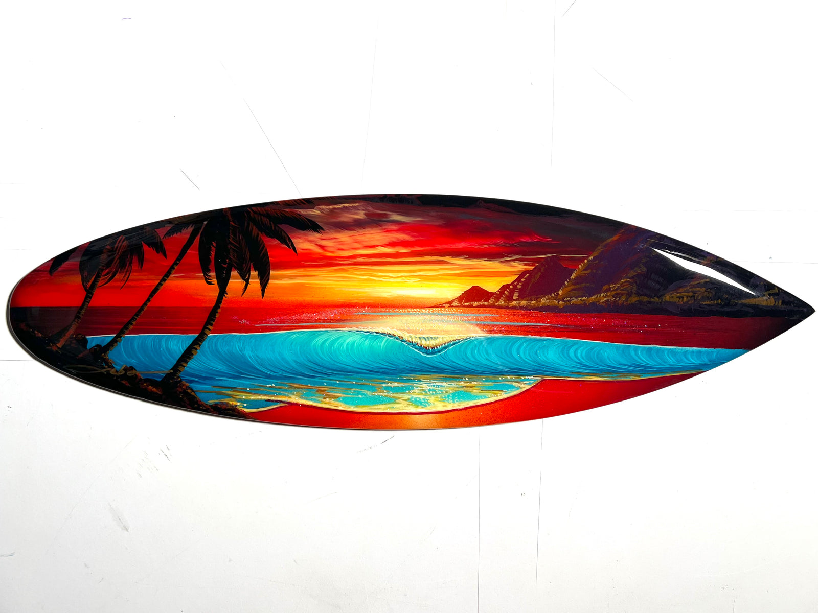 “ Cherry Sunset" Original Painting on Mini Surfboard with Epoxy