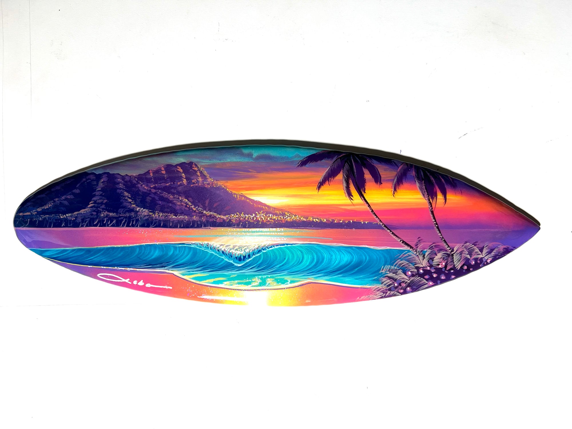 Beauty Of Waikiki ” Original Painting on 24” inch mini Wooden Surfboard with Diamond Dust & Epoxy Finish