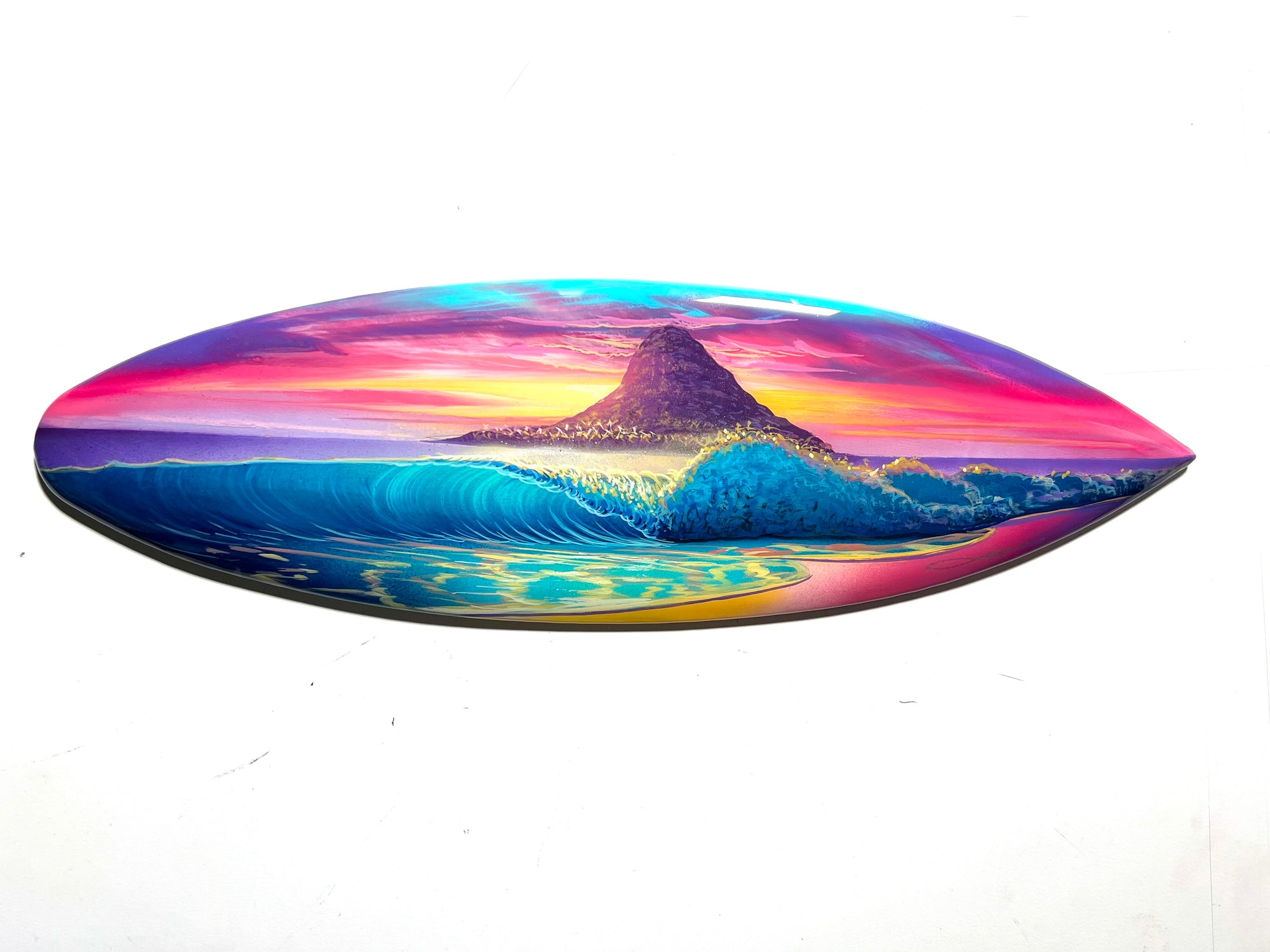 Mokoli”i Morning ” Original Painting on 24” inch mini Wooden Surfboard with Diamond Dust & Epoxy Finish