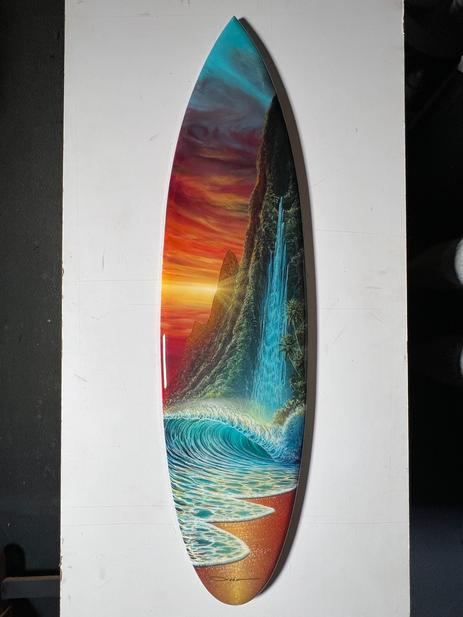 “Sunset Falls" Original Painting on 40” Mini Surfboard with Epoxy