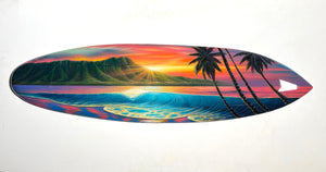 “Sunrise At Waikiki ” Original Painting on 40” inch mini Wooden Surfboard with Diamond Dust & Epoxy Finish