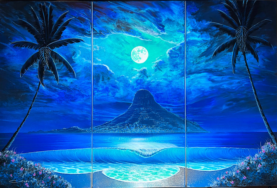 “Blue Moon Kualoa”  Triptych  Original Painting 24” x 36” canvas