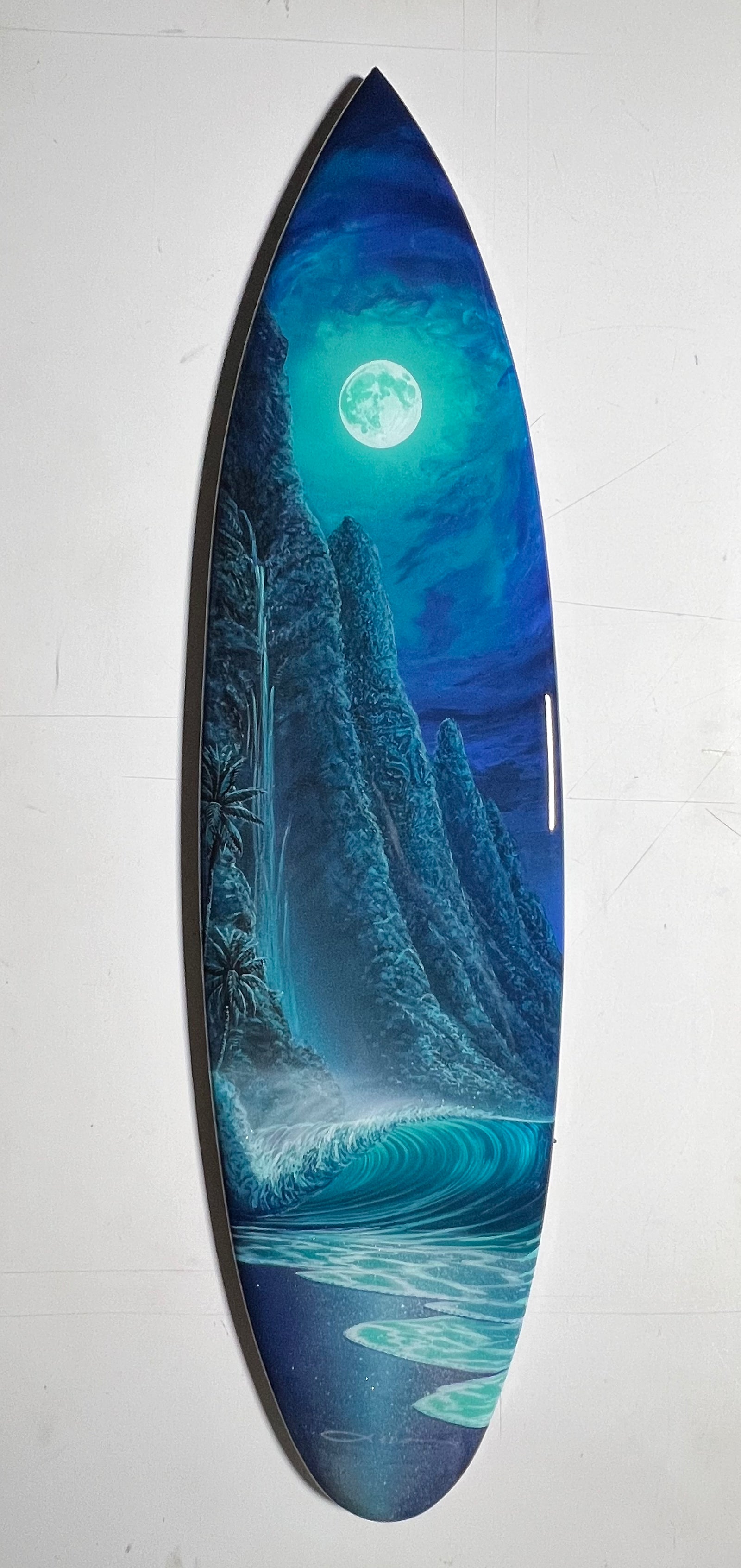 “Blue Kauai " Original Painting on 40” Mini Surfboard with Epoxy