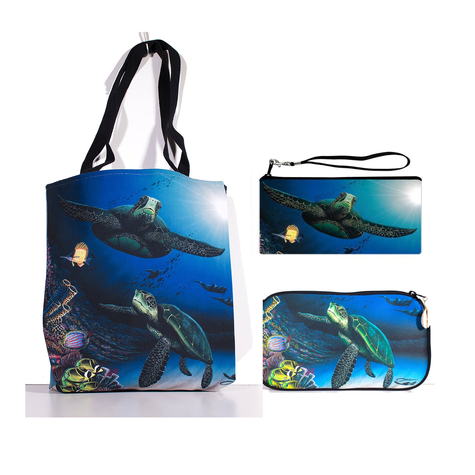Honu Reef Collection Tote bag, Clutch bag and Cosmetic Pouch (Set of 3)